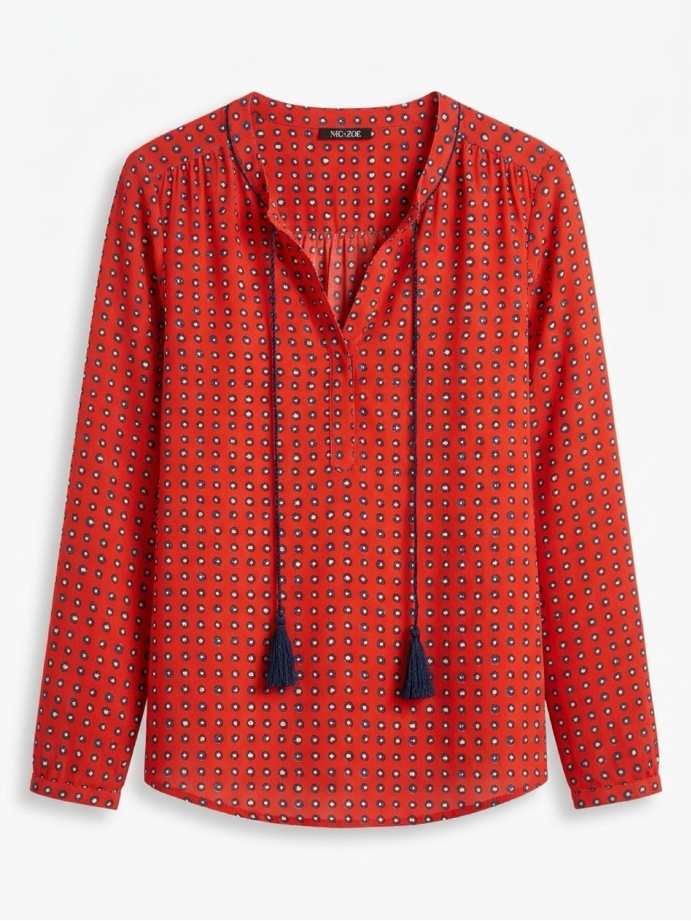 NIC+ZOE Red Printed Tassel Tie Long-Sleeve Blouse size M